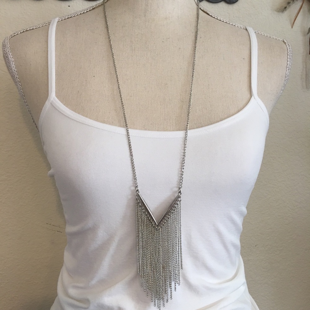 Silver tone v shape tassel chain necklace